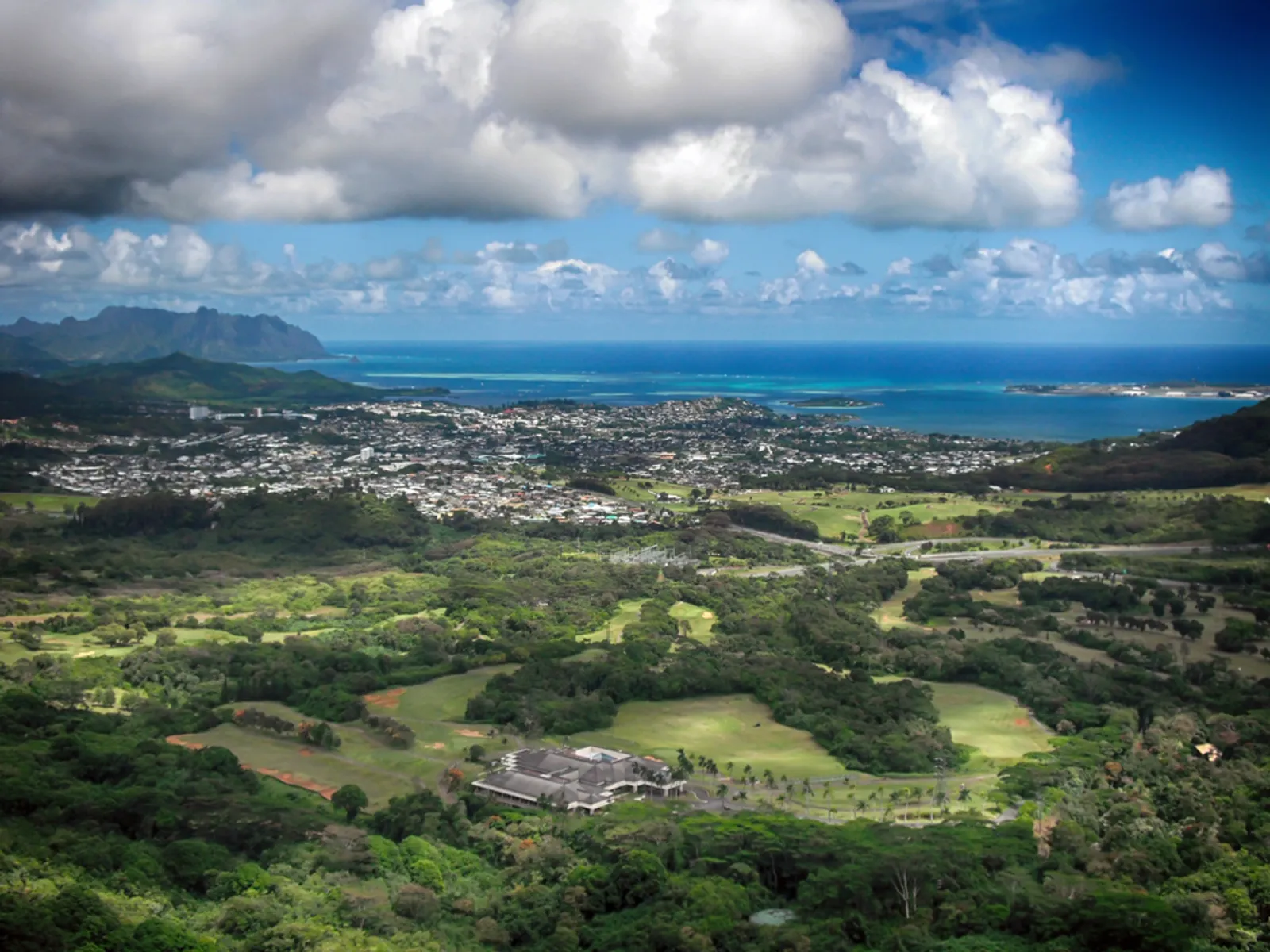 Aerial view of Kauai showing diverse landscapes and coastline