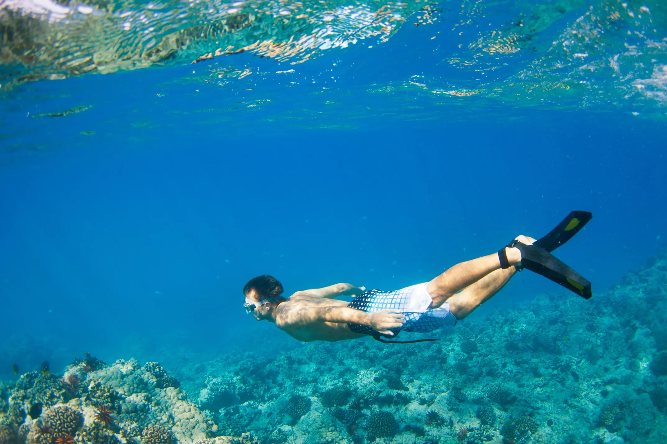 Snorkelers exploring Leleiwi's volcanic underwater formations