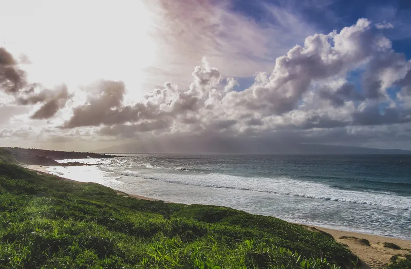 Kapalua Bay beach with crystal clear turquoise waters and palm trees