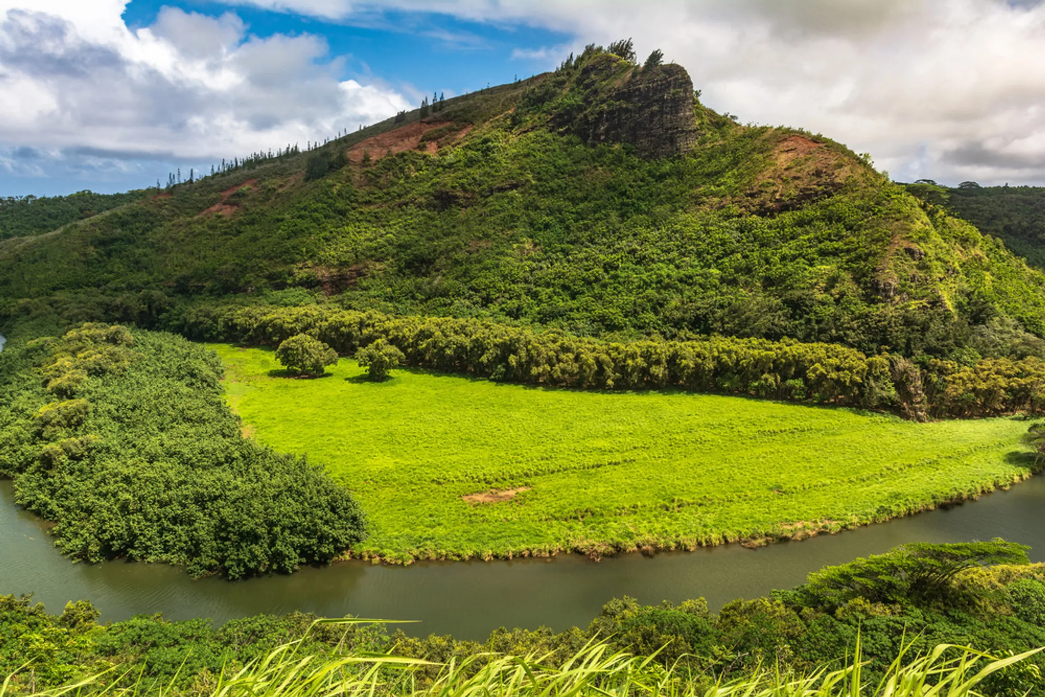Wailua River valley with Sleeping Giant mountain in background