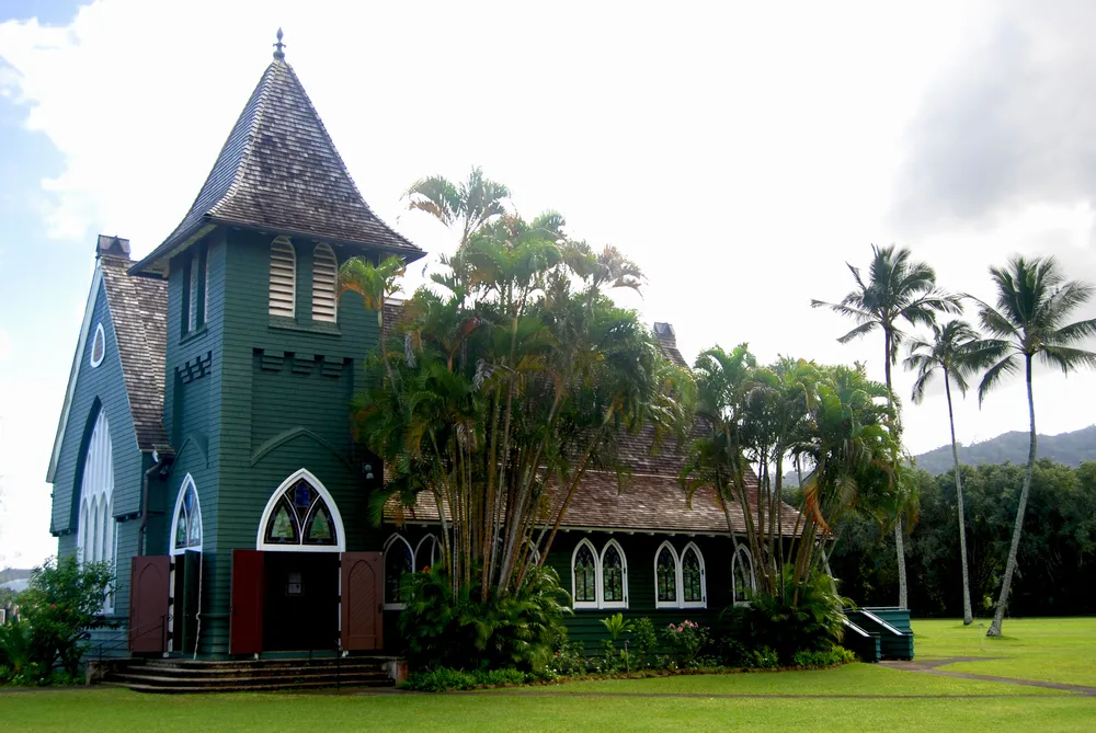 Waiʻoli Huiʻia Church with its distinctive green steeple in Hanalei