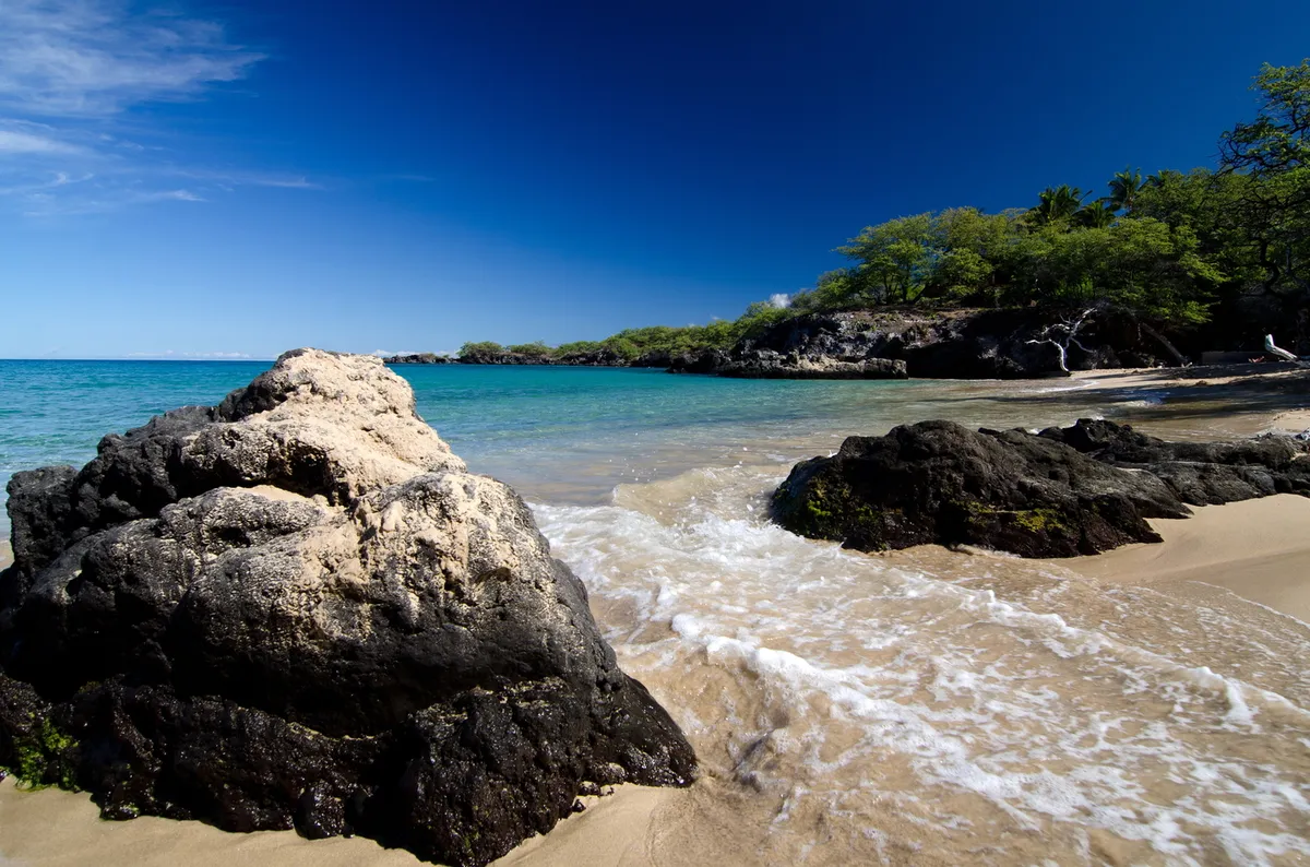 Beautiful coastal view at Puako showing the dramatic landscape where ancient petroglyphs are preserved