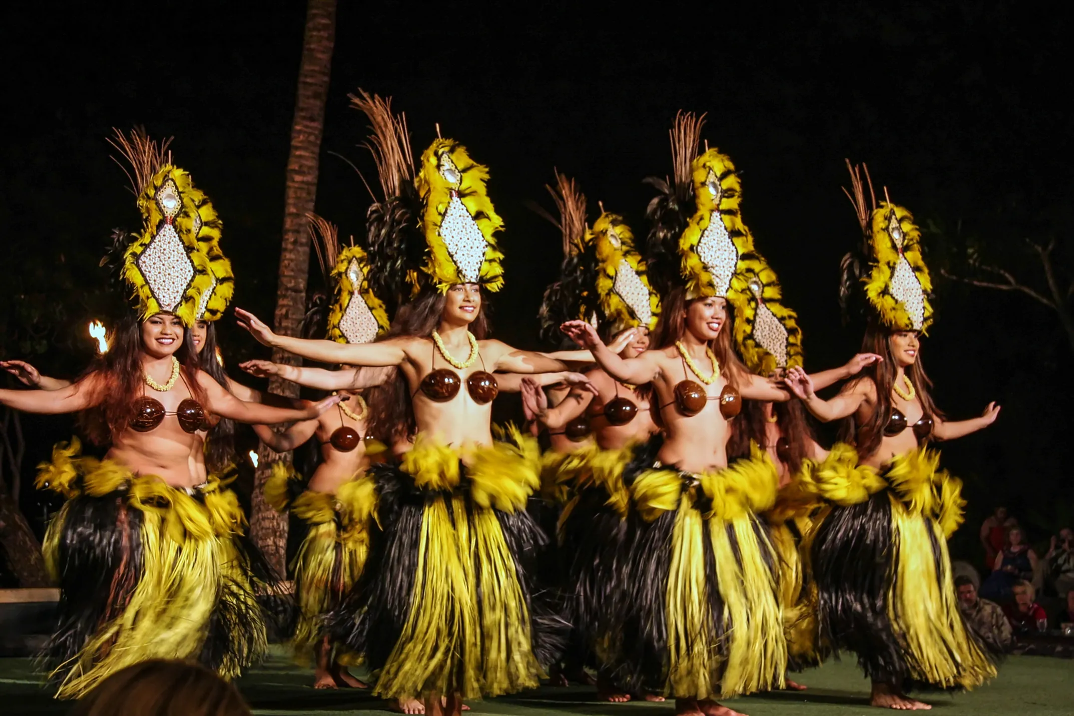 Traditional Hawaiian luau celebration with hula dancers and feast