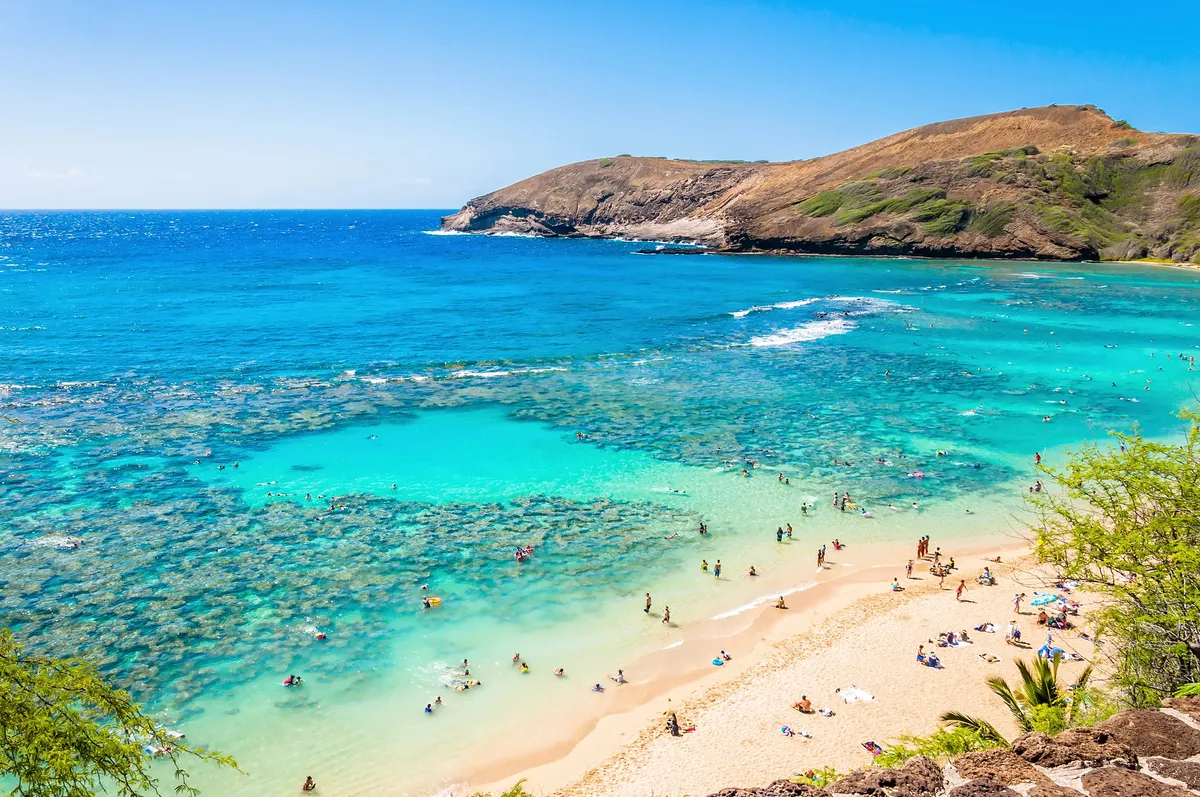 Panoramic view of Big Island showing contrast between volcanic landscape and lush coastline
