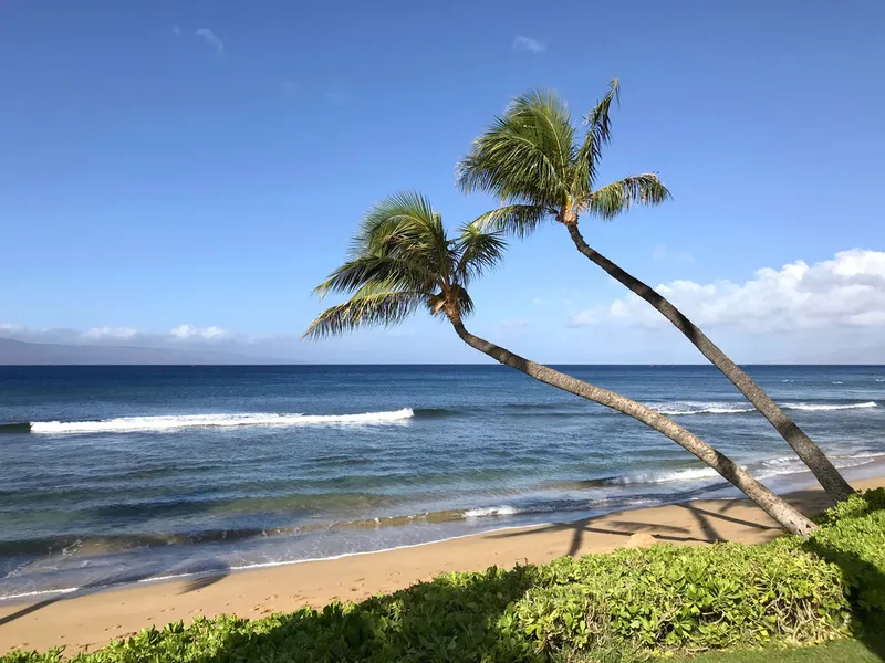 Aerial view of Ka'anapali Beach showing golden sand, turquoise waters, and Black Rock with palm trees