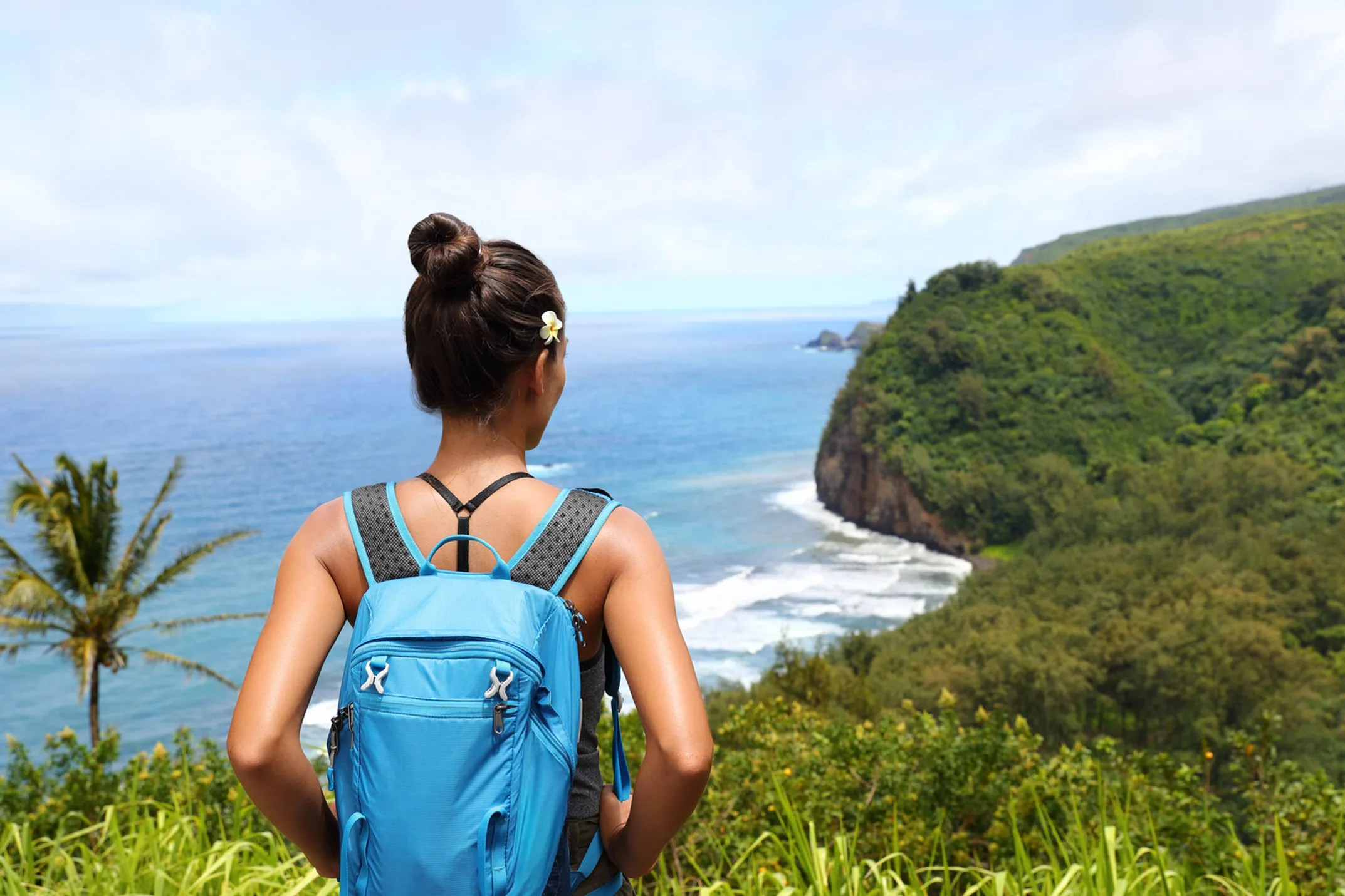 Dramatic volcanic landscape with hiker on Big Island trails