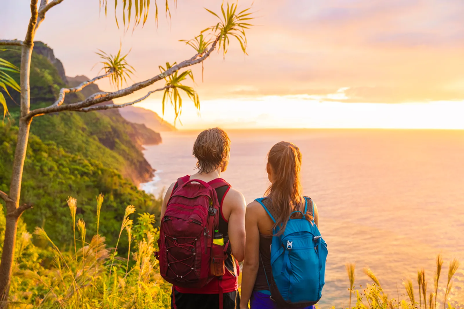 Panoramic view of Kalalau Trail hugging the Na Pali Coast cliffs with turquoise ocean waters