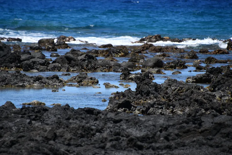 Lapakahi State Historical Park coastal view with ancient lava rock formations and blue Pacific Ocean