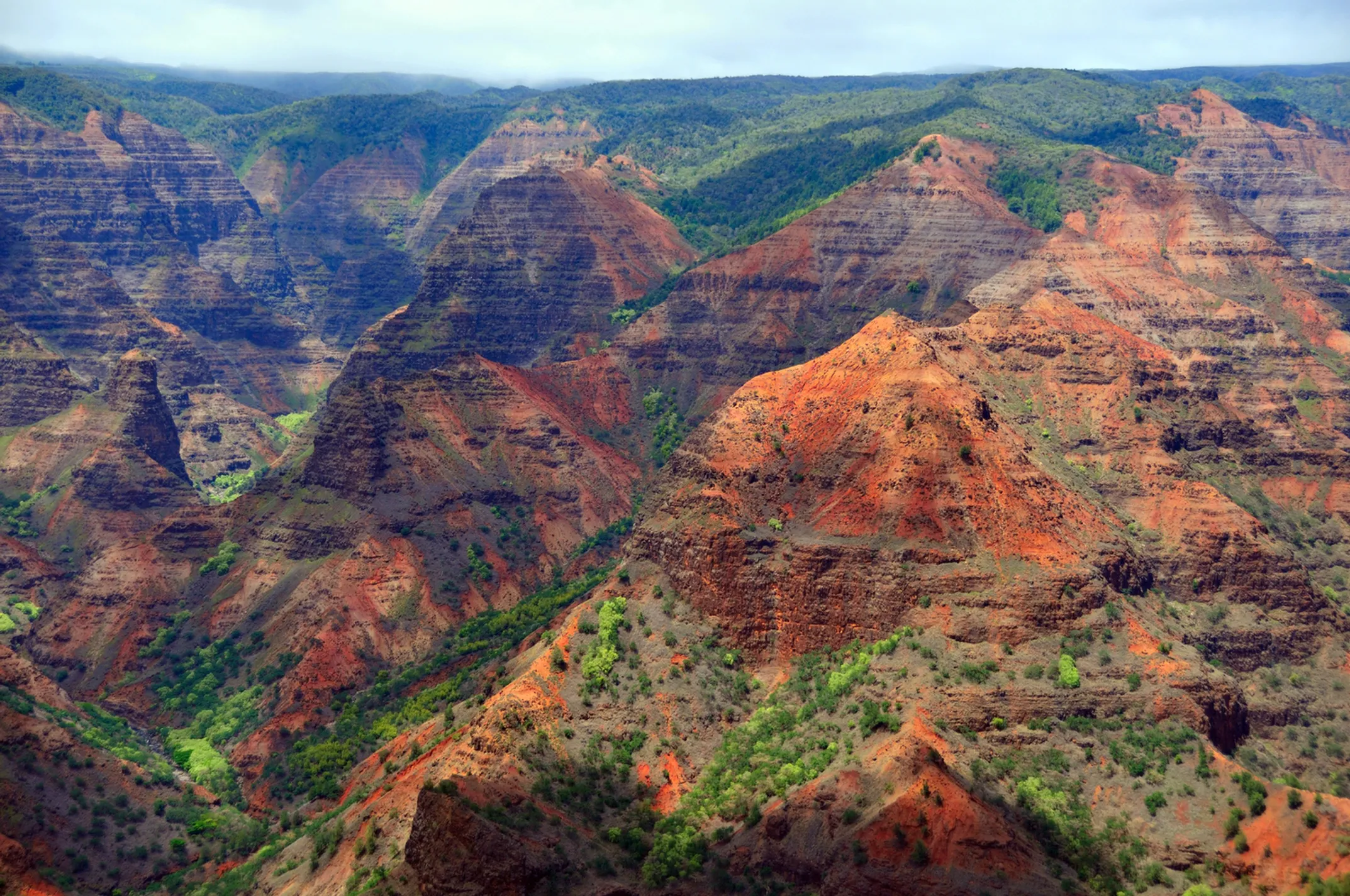 Dramatic aerial view of Waimea Canyon showcasing the colorful layered volcanic rock formations and lush green valleys