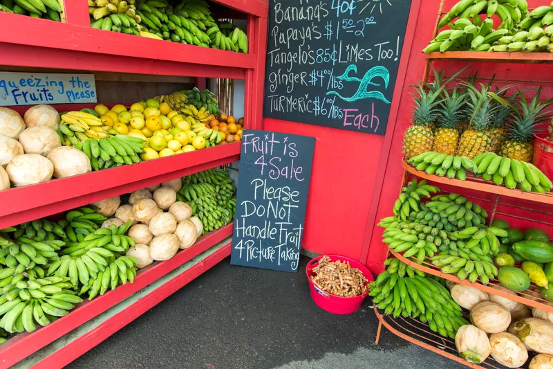 Big Island farmers market with tropical fruits and local vendors