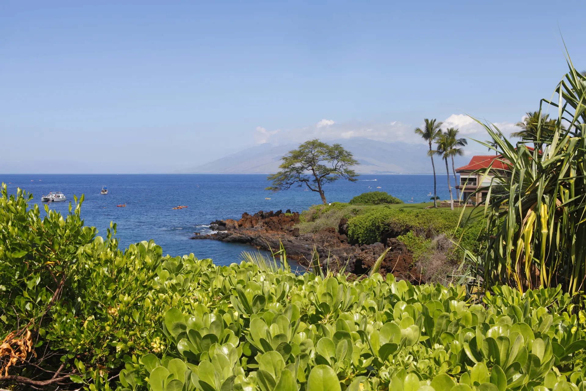 Aerial view of various Maui resorts along coastline showing different property styles and beach access