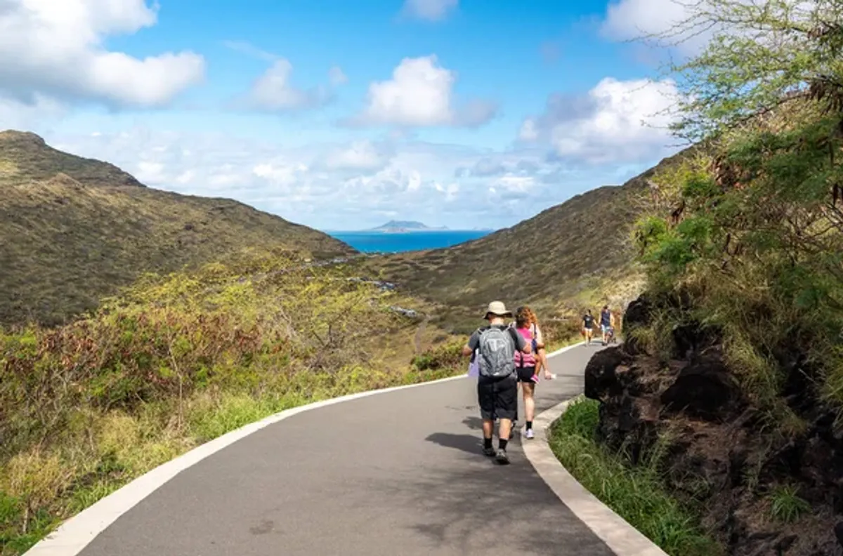 The steep but well-maintained paved trail ascending toward Makapu'u Point Lighthouse