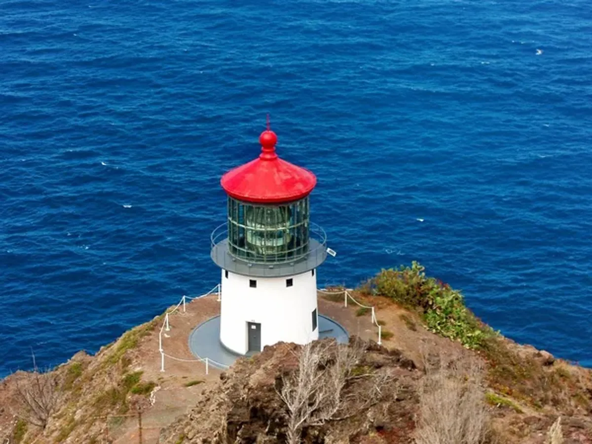Aerial drone view revealing the stunning natural beauty around Makapu'u Point with lagoon and coastal features