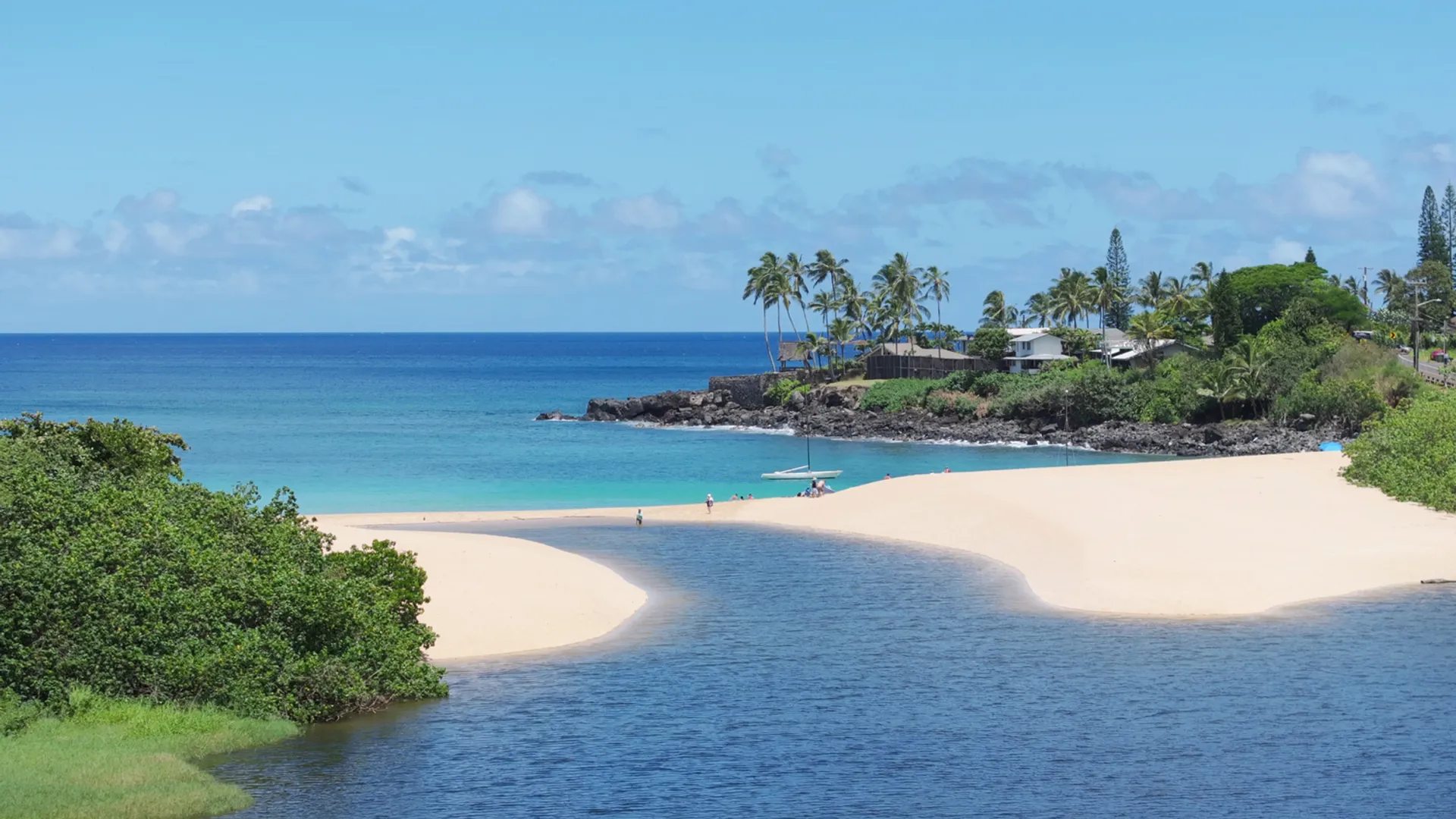 Scenic view of Waimea River blue lagoon revealing Hawaii island nature