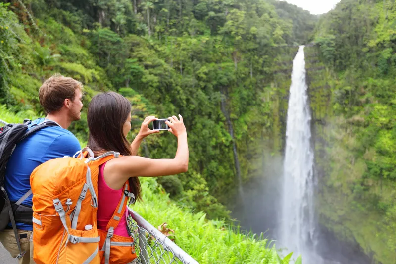 Respectful tourists learning from a Hawaiian farmer in a taro field