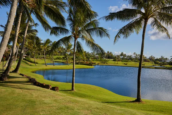 Kapalua Plantation Course downhill 18th hole with West Maui Mountains and ocean views