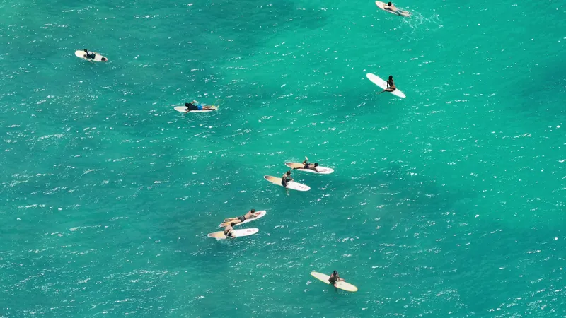 Split image showing overcrowded dangerous surf conditions versus proper lineup spacing and safety
