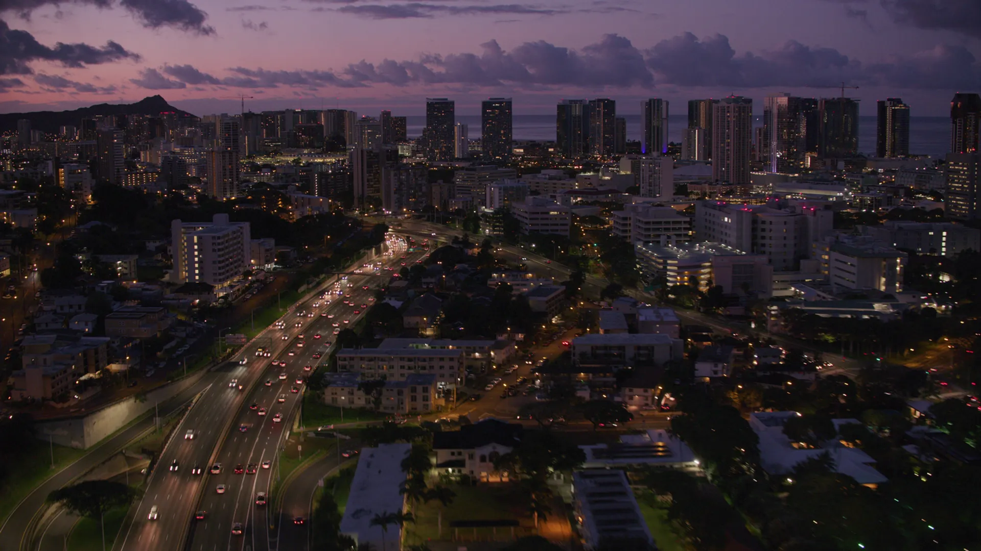 Aerial view of highway leading into Honolulu
