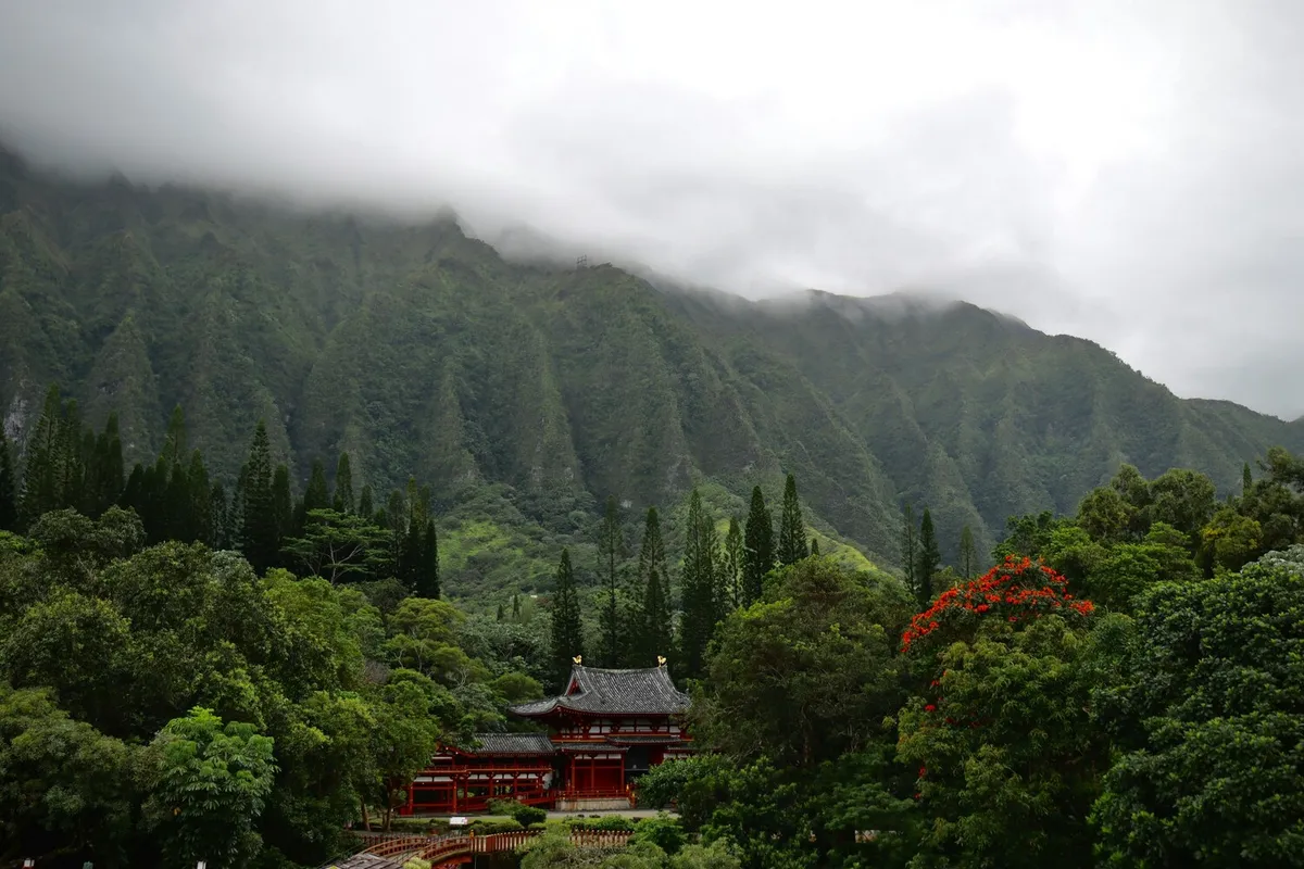 Detailed view of Byodo-In Temple architecture and traditional Japanese craftsmanship