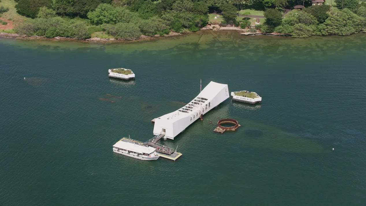 Aerial view of the USS Arizona Memorial in Pearl Harbor