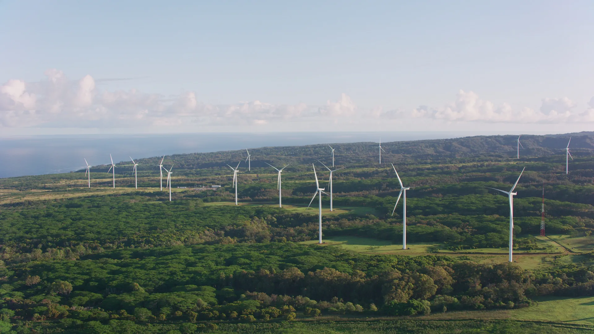 Aerial view of Waimea Valley with wind farm on Oahu's North Shore
