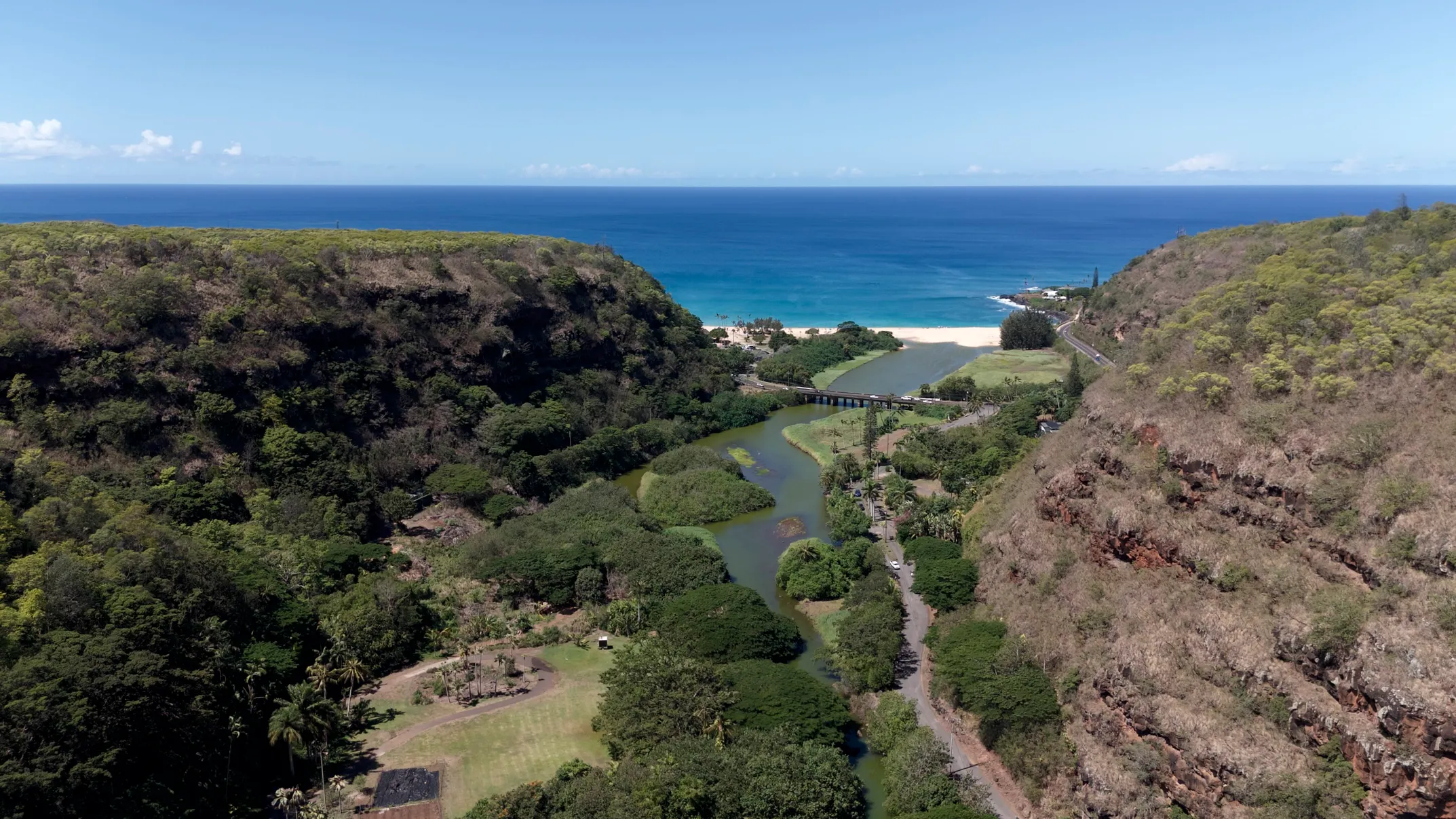 Waimea Valley botanical gardens with waterfall and cultural sites